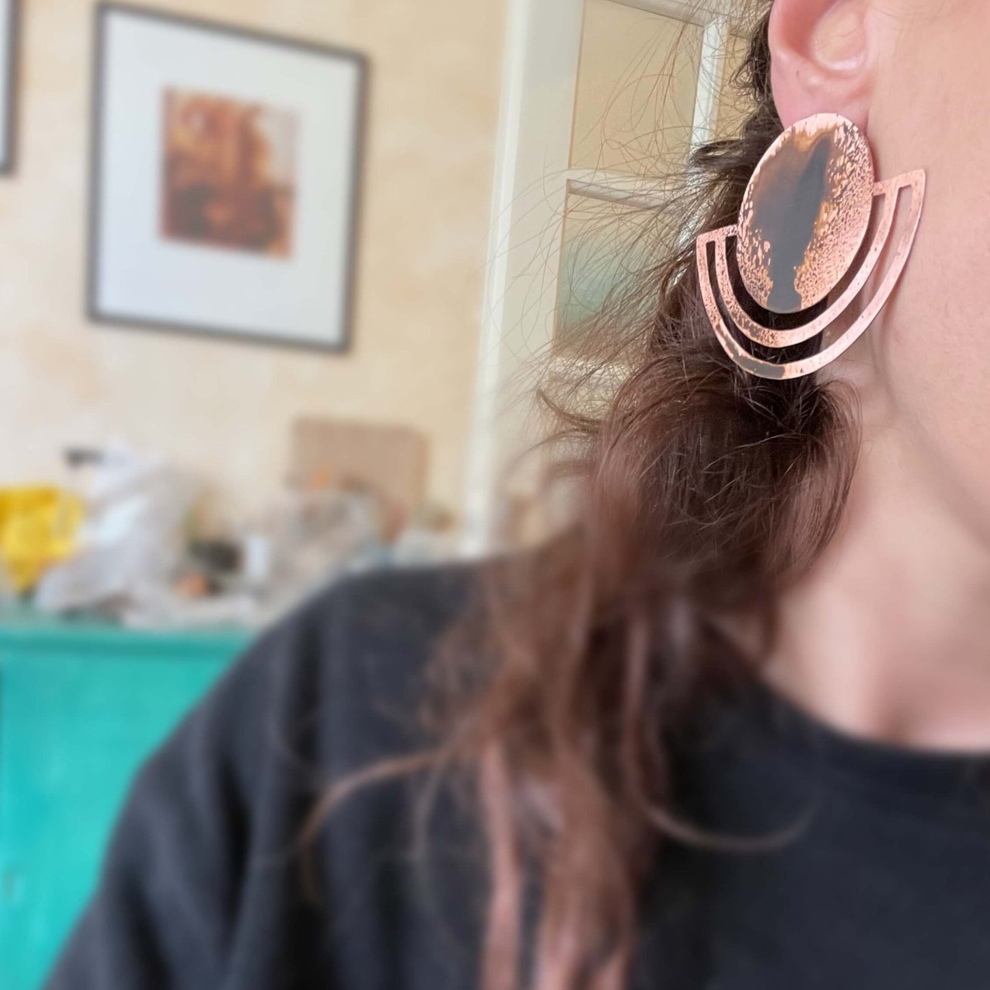 Oxidised copper Earrings | Rose - Black Earth In Layers Earrings - CURIUDO